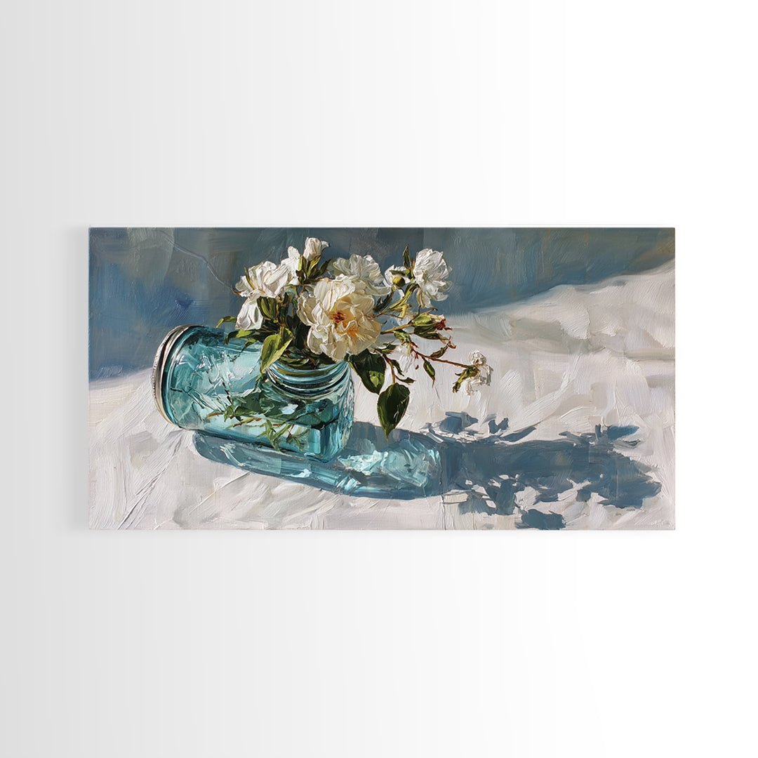 Wildflowers in a Mason Jar on Linen Framed Canvas Print, Farmhouse Art, Digital Print, Farmhouse Decor, Oil Painting, Harvest, FAR-2x1-3