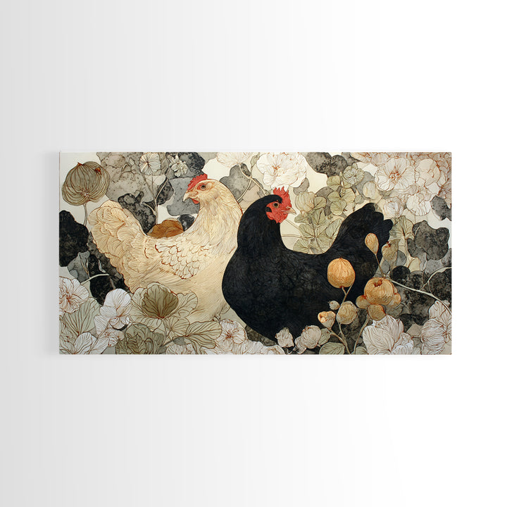 Chicken Family in a Garden Patch Framed Canvas Print, Farmhouse Art, Black Wall Art, Farmhouse Decor, Watercolor Art, Harvest, FAR-2x1-59