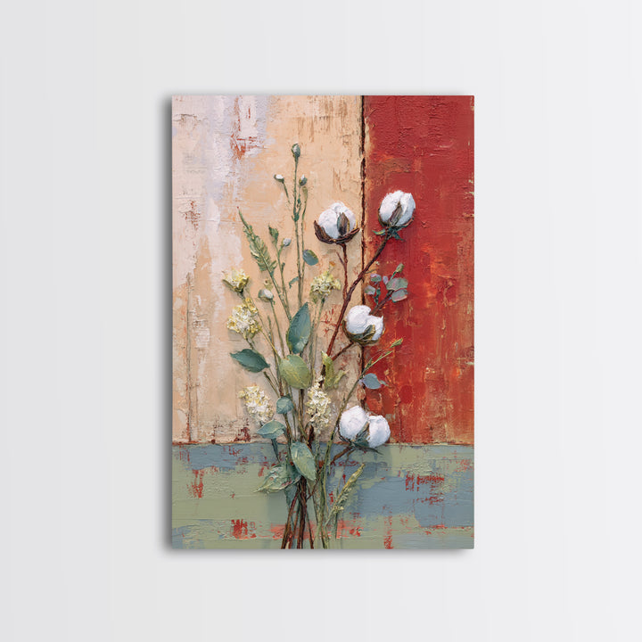 Farmhouse Wreath of Cotton Stems and Eucalyptus Framed Canvas Print, Farmhouse Art, Art Print, Farmhouse Decor, Harvest, FAR-2x3-100