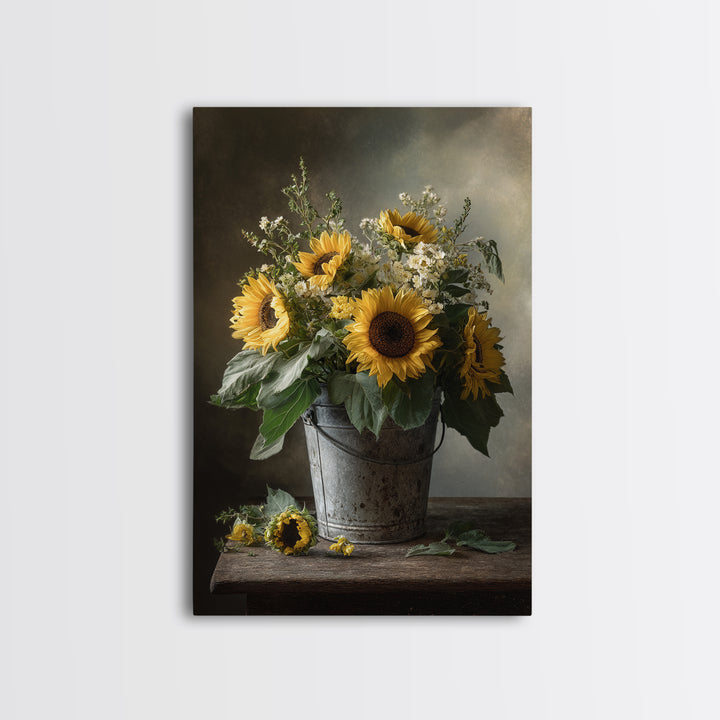 Sunflowers in a Galvanized Metal Bucket Canvas Print, Farmhouse Art, Botanical Art, Farmhouse Decor, Fine Art, Harvest, FAR-2x3-11