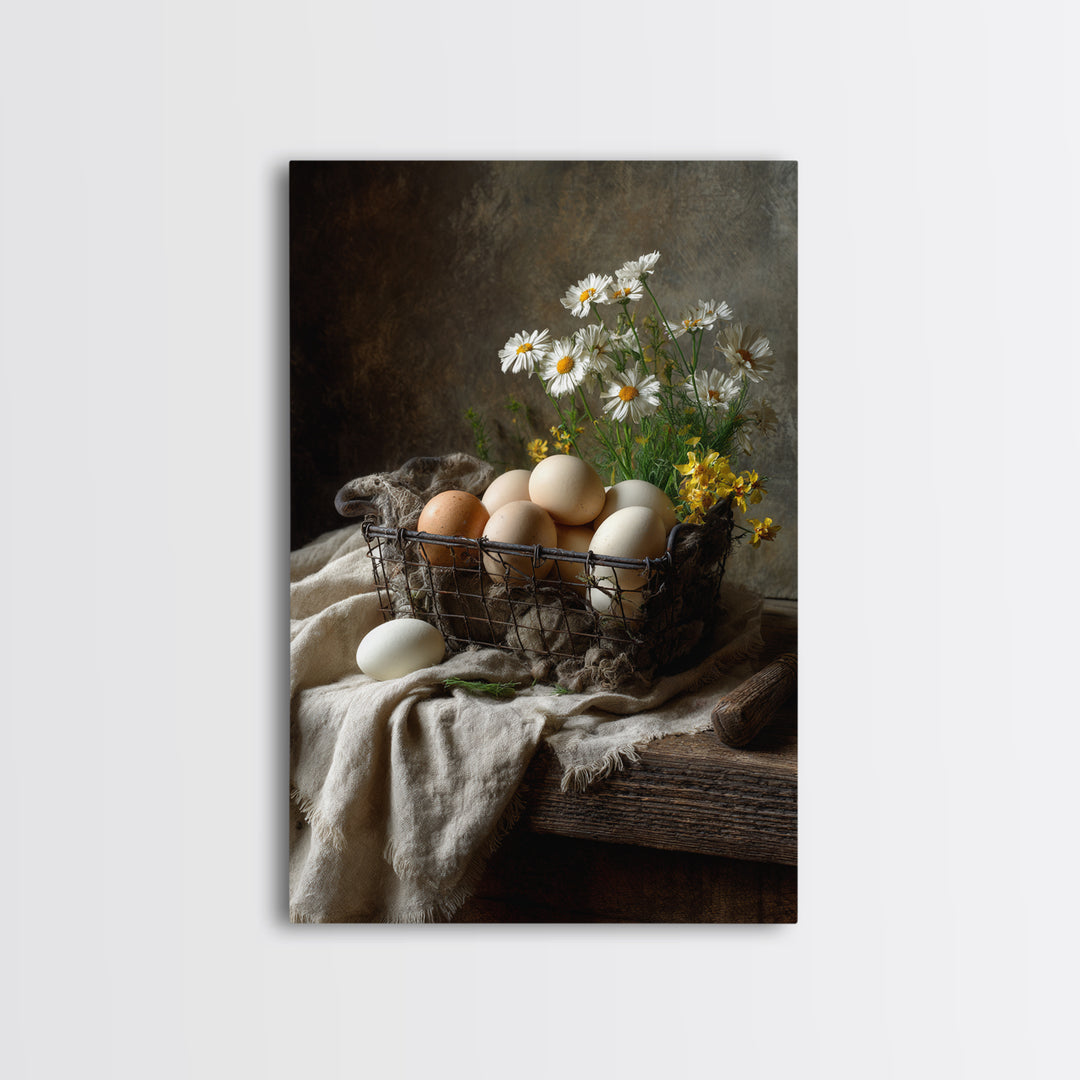 Fresh Eggs in a Wire Basket Canvas Print, Farmhouse Art, Art Print, Farmhouse Decor, Oil Painting, Harvest, Digital Art, FAR-2x3-14