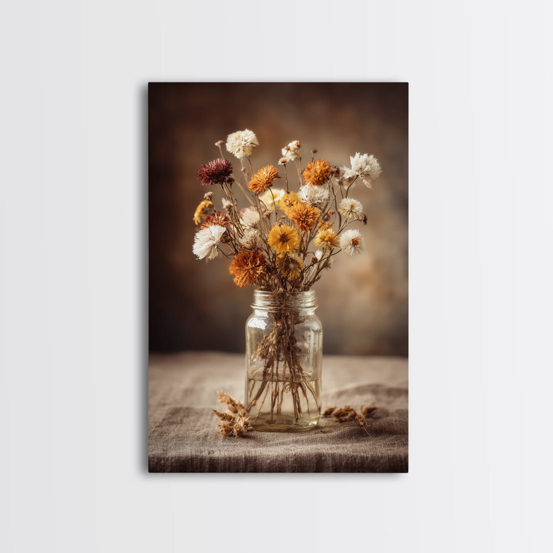 Wildflowers in a Mason Jar on Linen Canvas Print, Farmhouse Art, Gallery Decor, Farmhouse Decor, Oil Painting, Harvest, FAR-2x3-15