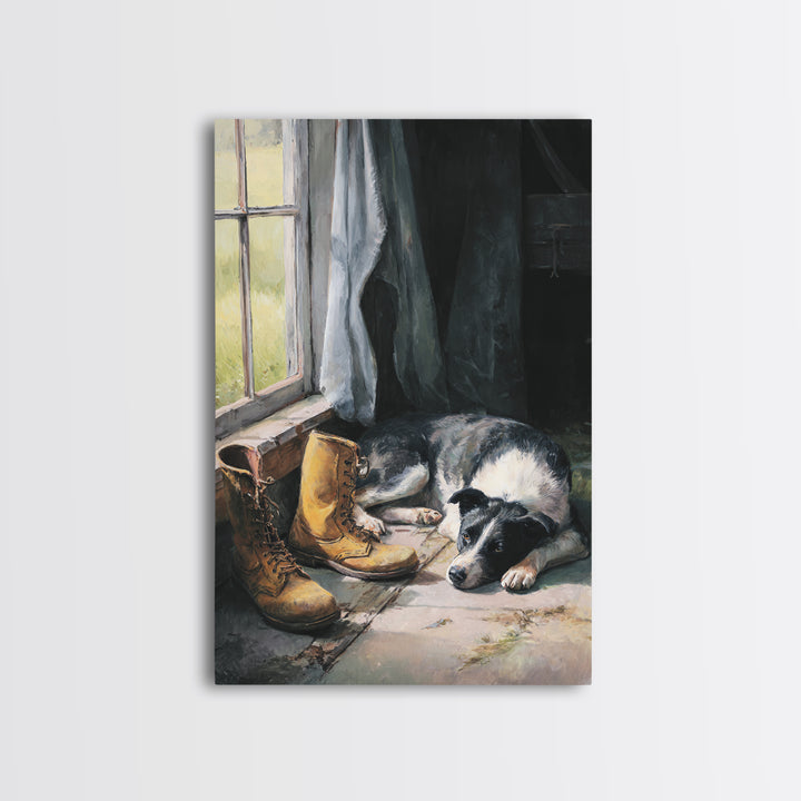 Farm Dog Lying Beside Weathered Boots Framed Canvas Print, Farmhouse Art, Wall Decor, Farmhouse Decor, Abstract Art, Harvest, FAR-2x3-17