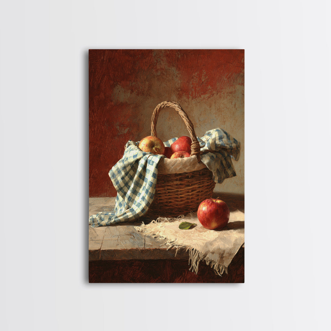 Apple Basket with Gingham Cloth Framed Canvas Print, Farmhouse Art, Neutral Decor, Farmhouse Decor, Fine Art, Harvest, FAR-2x3-19