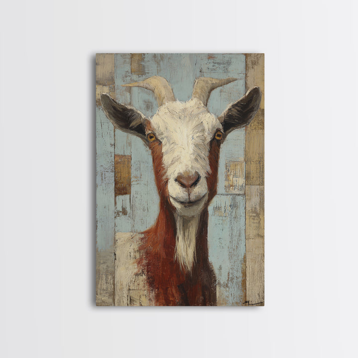Goat Portrait with Playful Expression Framed Canvas Print, Farmhouse Art, Boho Decor, Farmhouse Decor, Fine Art, Harvest, FAR-2x3-2
