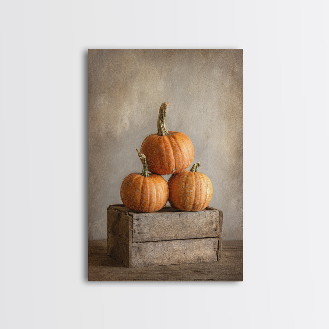 Pumpkins Stacked on a Wooden Crate Framed Canvas Print, Farmhouse Art, Contemporary Art, Farmhouse Decor, Oil Painting, Harvest, FAR-2x3-21
