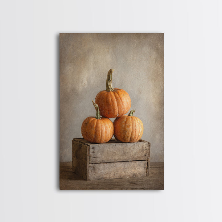 Pumpkins Stacked on a Wooden Crate Framed Canvas Print, Farmhouse Art, Contemporary Art, Farmhouse Decor, Oil Painting, Harvest, FAR-2x3-21