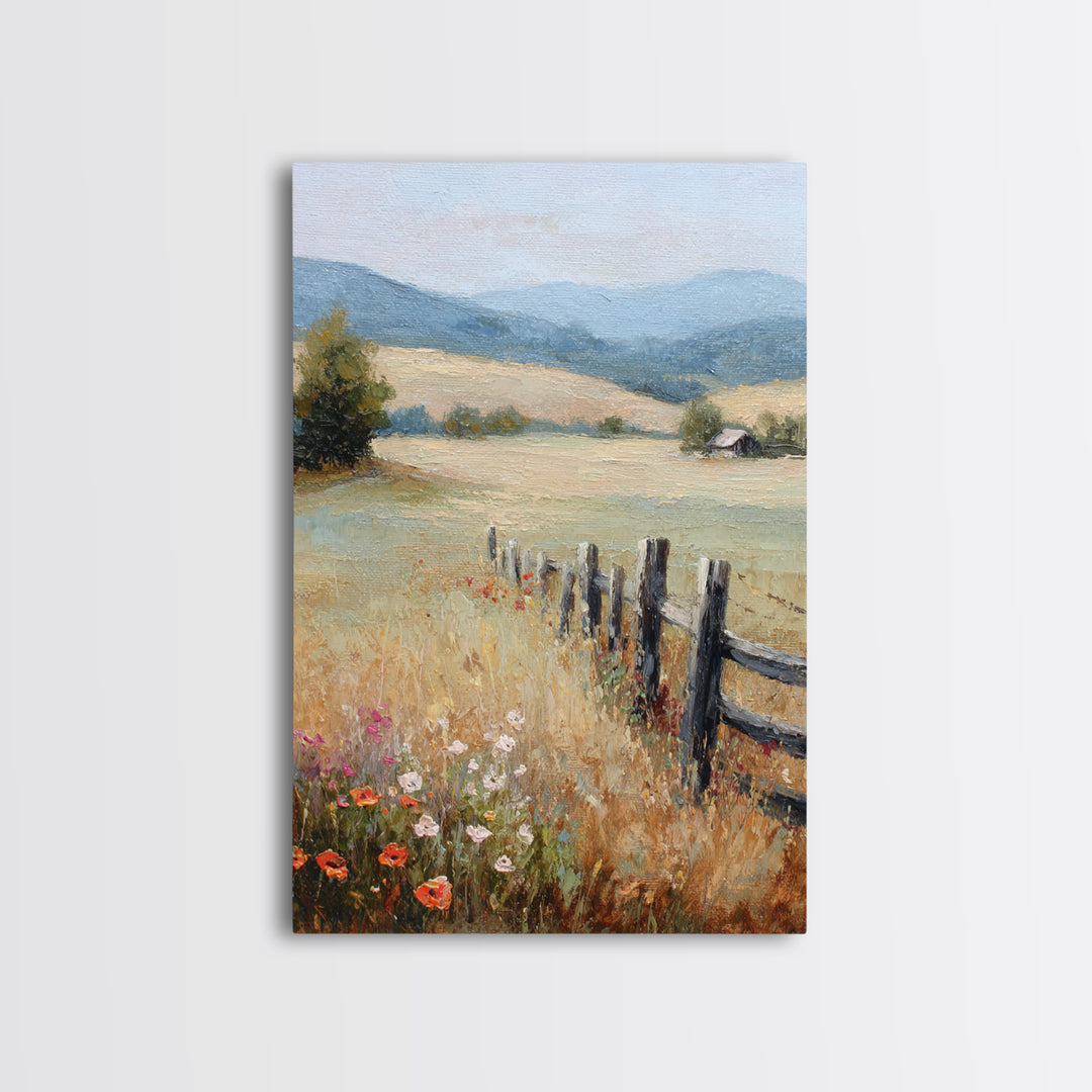 Country Landscape with Fence and Rolling Hills Framed Canvas Print, Farmhouse Art, Textured Painting, Farmhouse Decor, Harvest, FAR-2x3-22