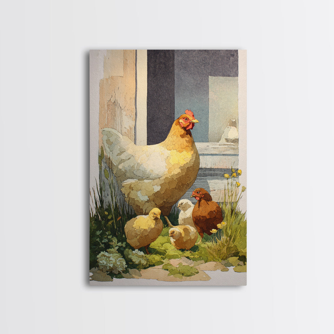 Chicken Family in a Garden Patch Canvas Print, Farmhouse Art, Art Print, Farmhouse Decor, Fine Art, Harvest, Digital Art, FAR-2x3-23