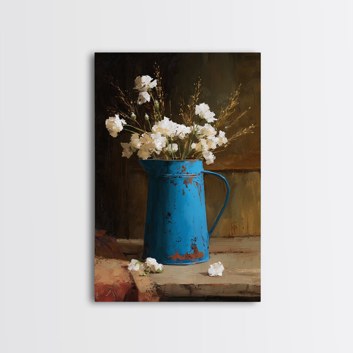 Blue Enamel Pitcher Framed Canvas Print, Farmhouse Art, Landscape Painting, Farmhouse Decor, Watercolor Art, Harvest, FAR-2x3-24