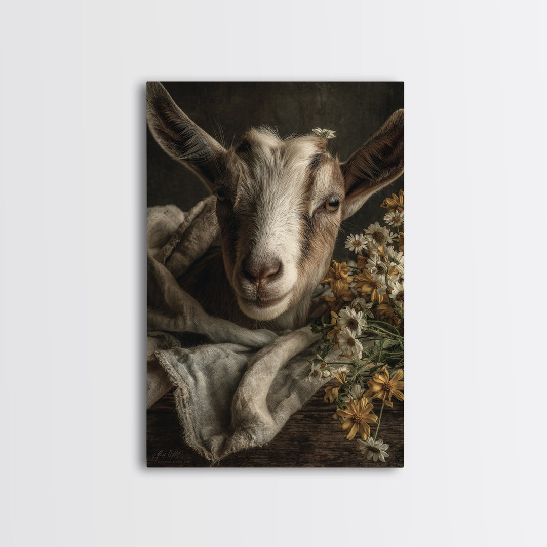 Goat Portrait with Playful Expression Framed Canvas Print, Farmhouse Art, Boho Decor, Farmhouse Decor, Fine Art, Harvest, FAR-2x3-26