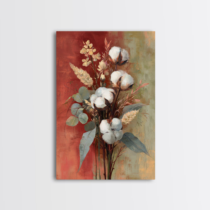 Farmhouse Wreath of Cotton Stems and Eucalyptus Framed Canvas Print, Farmhouse Art, Farmhouse Decor, Fine Art, Harvest, FAR-2x3-28