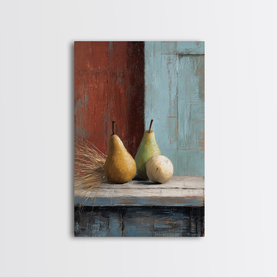 Rustic Pear Still Life on Plank Wood Framed Canvas Print, Farmhouse Art, Landscape Art, Farmhouse Decor, Fine Art, Harvest, FAR-2x3-3
