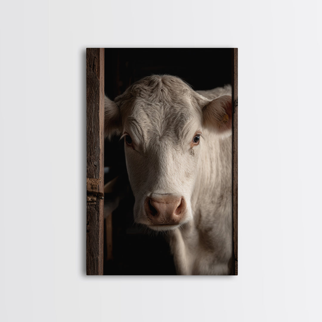 White Cow Portrait Framed Canvas Print, Farmhouse Art, Printable Wall Art, Farmhouse Decor, Fine Art, Harvest, Black Wall Art, FAR-2x3-33