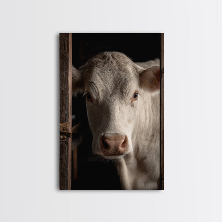 White Cow Portrait Framed Canvas Print, Farmhouse Art, Printable Wall Art, Farmhouse Decor, Fine Art, Harvest, Black Wall Art, FAR-2x3-33