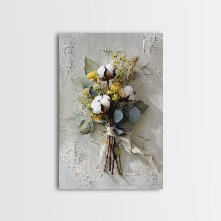 Farmhouse Wreath of Cotton Stems and Eucalyptus Canvas Print, Farmhouse Art, Statement Artwork, Farmhouse Decor, Harvest, FAR-2x3-4