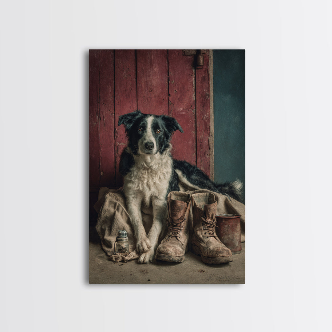Farm Dog Lying Beside Weathered Boots Framed Canvas Print, Farmhouse Art, Wall Decor, Farmhouse Decor, Abstract Art, Harvest, FAR-2x3-41