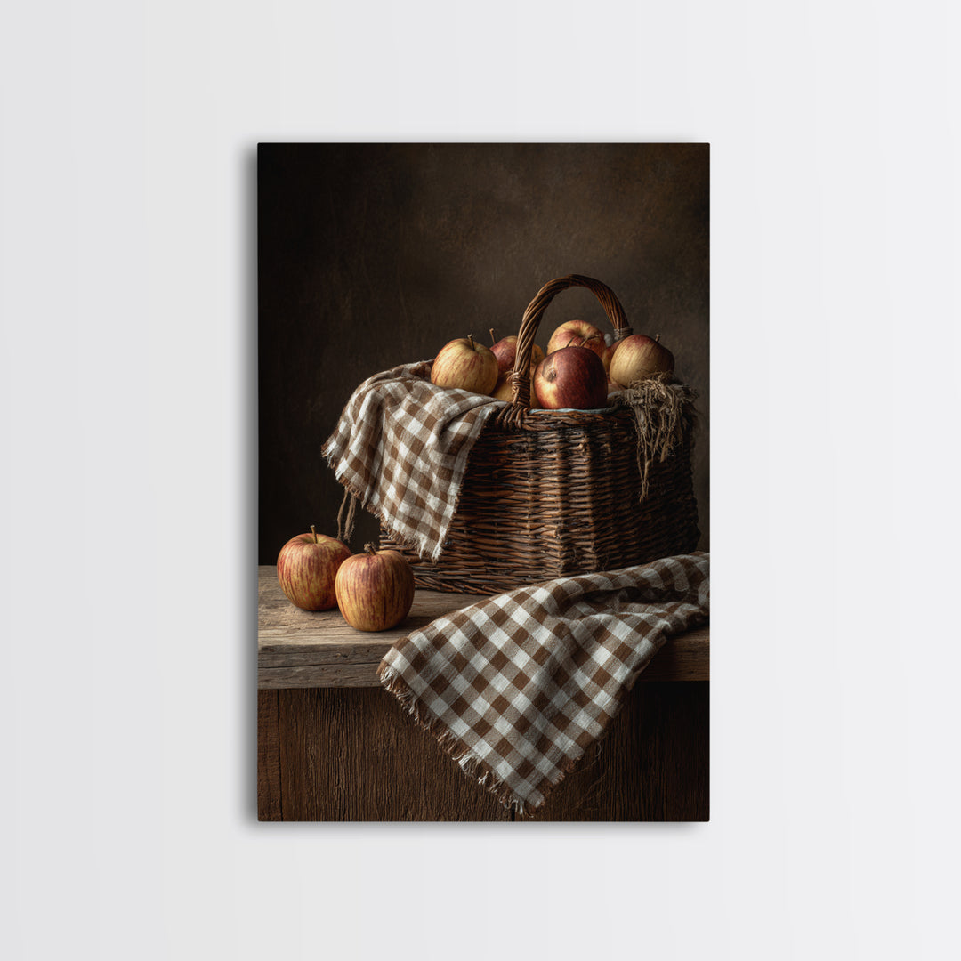 Apple Basket with Gingham Cloth Framed Canvas Print, Farmhouse Art, Contemporary Art, Farmhouse Decor, Fine Art, Harvest, FAR-2x3-43