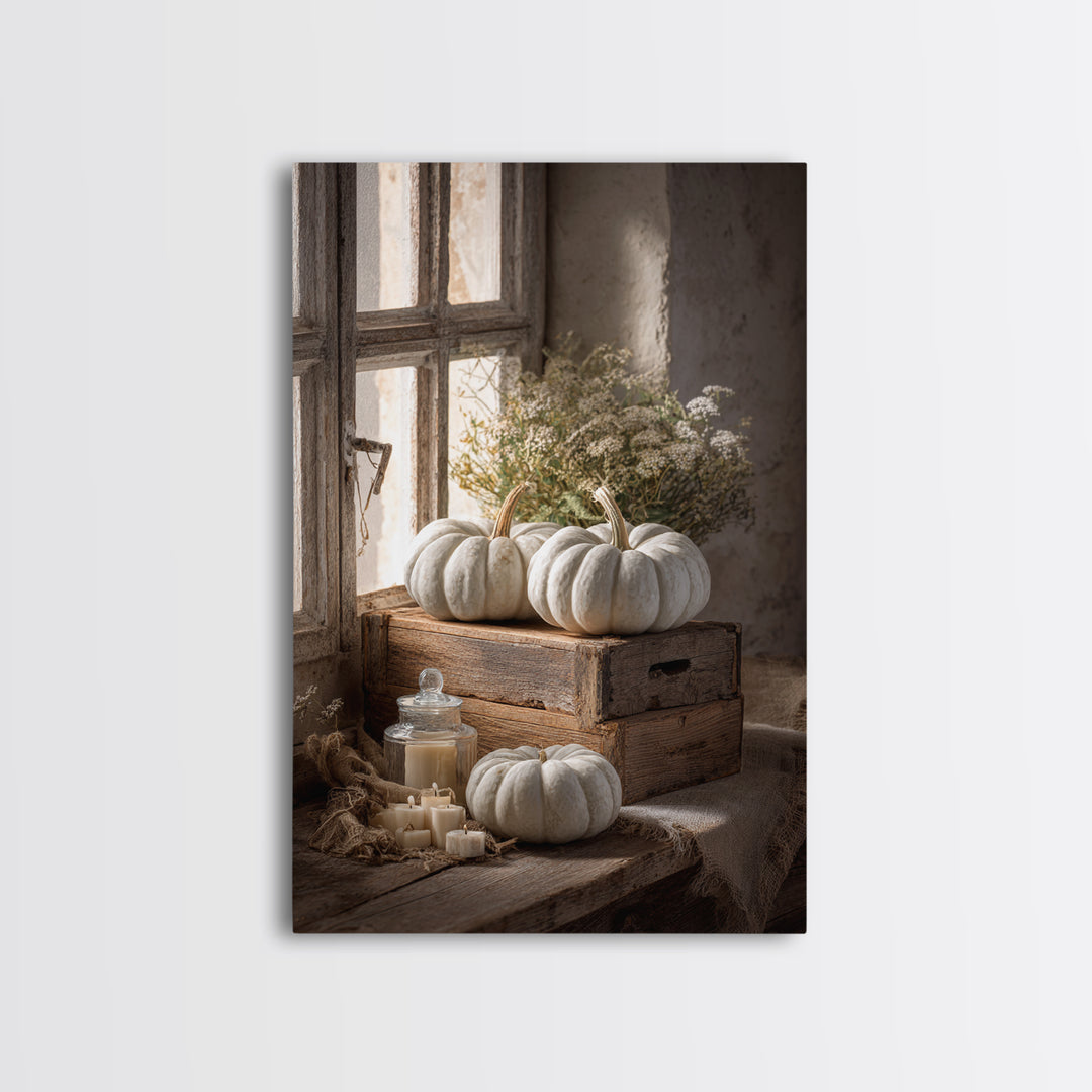 Pumpkins Stacked on a Wooden Crate Canvas Print, Farmhouse Art, Digital Prints, Farmhouse Decor, Harvest, Watercolor Painting, FAR-2x3-45
