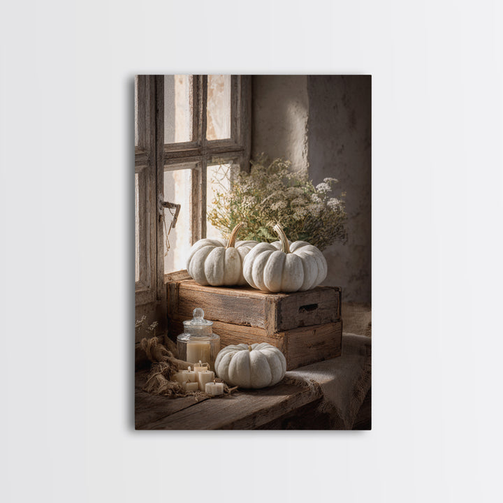 Pumpkins Stacked on a Wooden Crate Canvas Print, Farmhouse Art, Digital Prints, Farmhouse Decor, Harvest, Watercolor Painting, FAR-2x3-45