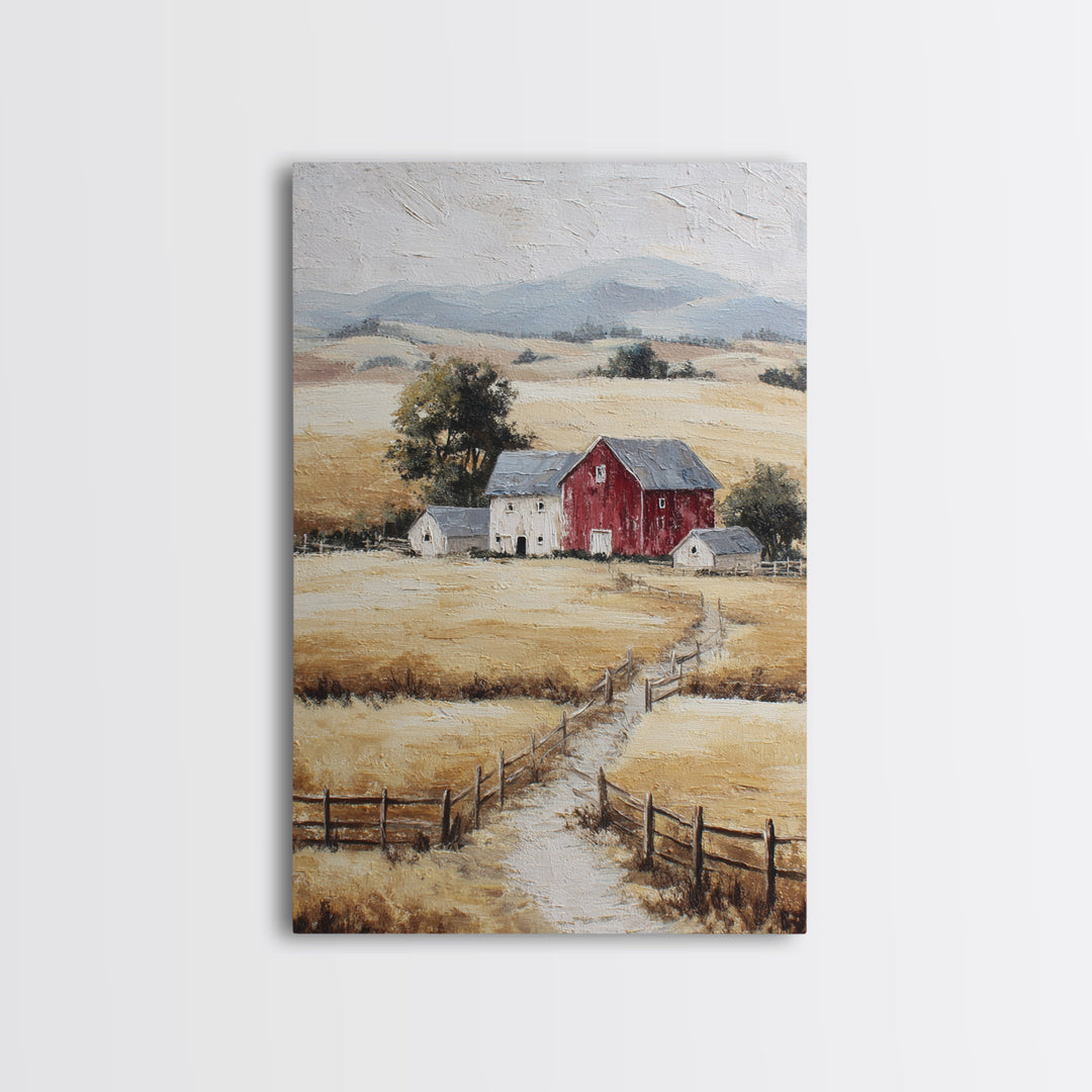 Country Landscape with Fence and Rolling Hills Framed Canvas Print, Farmhouse Art, Textured Painting, Farmhouse Decor, Harvest, FAR-2x3-46