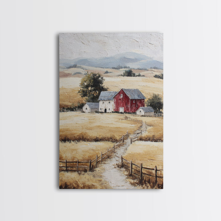 Country Landscape with Fence and Rolling Hills Framed Canvas Print, Farmhouse Art, Textured Painting, Farmhouse Decor, Harvest, FAR-2x3-46