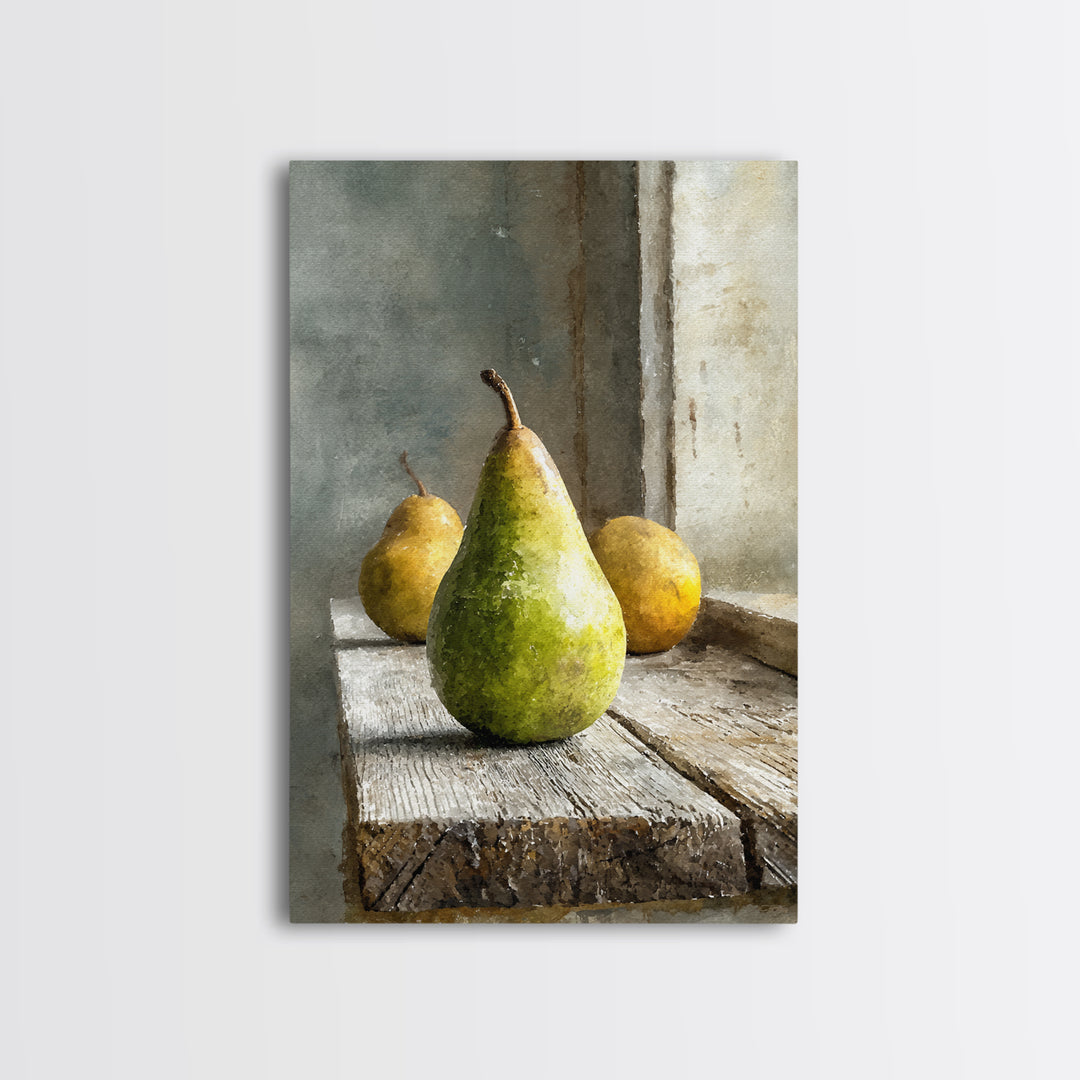 Rustic Pear Still Life on Plank Wood Framed Canvas Print, Farmhouse Art, Room Decor, Farmhouse Decor, Oil Painting, Harvest, FAR-2x3-51
