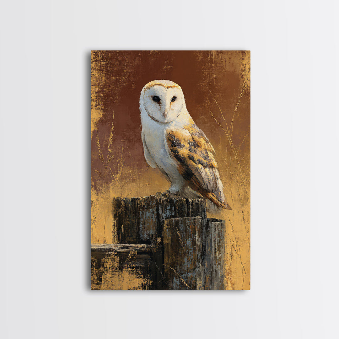 Barn Owl Perched on Aged Wood Framed Canvas Print, Farmhouse Art, Textured Painting, Farmhouse Decor, Fine Art, Harvest, FAR-2x3-55