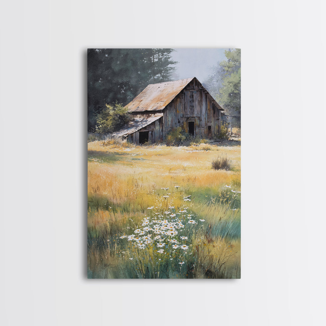Rustic Barn in Golden Field Light Canvas Print, Farmhouse Art, Digital Prints, Farmhouse Decor, Harvest, Watercolor Painting, FAR-2x3-58