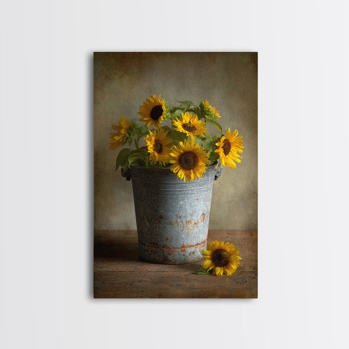 Sunflowers in a Galvanized Metal Bucket Framed Canvas Print, Farmhouse Art, Art, Farmhouse Decor, Watercolor Art, Harvest, FAR-2x3-59