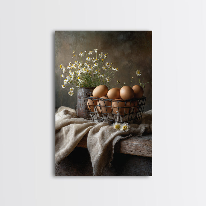 Fresh Eggs in a Wire Basket Canvas Print, Farmhouse Art, Farmhouse Decor, Abstract Art, Harvest, Sage Green Wall Art, FAR-2x3-62