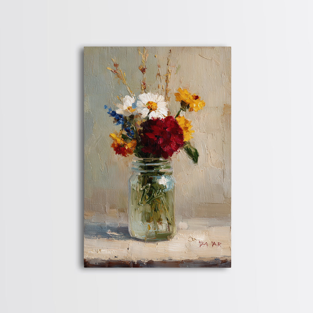 Wildflowers in a Mason Jar on Linen Framed Canvas Print, Farmhouse Art, Wall Decor, Farmhouse Decor, Fine Art, Harvest, FAR-2x3-63