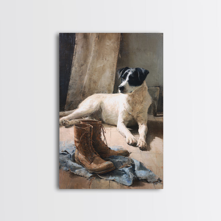 Farm Dog Lying Beside Weathered Boots Canvas Print, Farmhouse Art, Digital Wall Art, Farmhouse Decor, Fine Art, Harvest, FAR-2x3-65