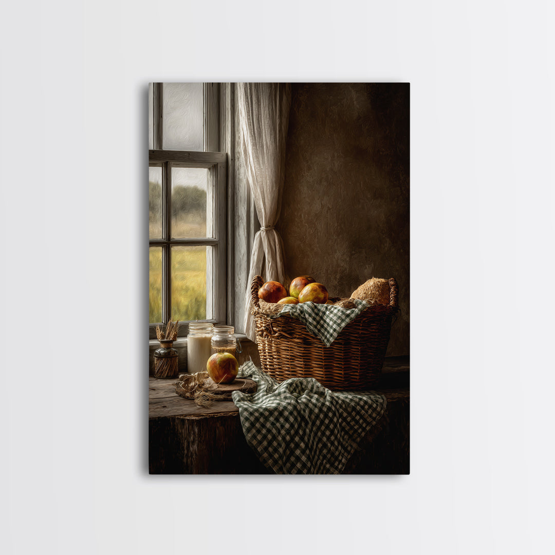 Apple Basket with Gingham Cloth Canvas Print, Farmhouse Art, Digital Prints, Farmhouse Decor, Harvest, Watercolor Painting, FAR-2x3-67