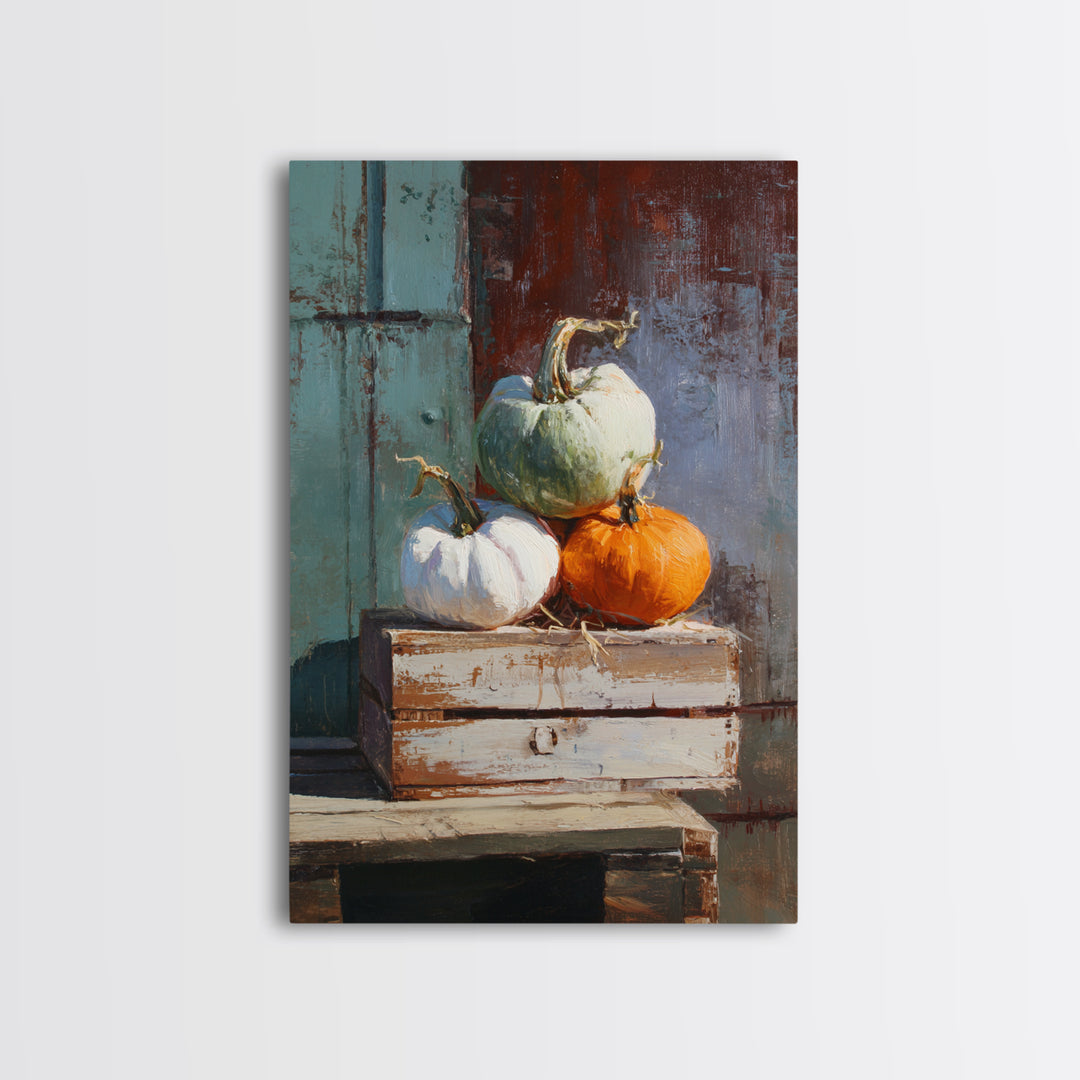 Pumpkins Stacked on a Wooden Crate Framed Canvas Print, Farmhouse Art, Digital Print, Farmhouse Decor, Fine Art, Harvest, FAR-2x3-69