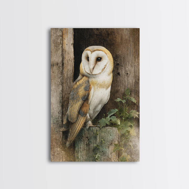 Barn Owl Perched on Aged Wood Canvas Print, Farmhouse Art, Floral Wall Art, Farmhouse Decor, Fine Art, Harvest, Boho Decor, FAR-2x3-7