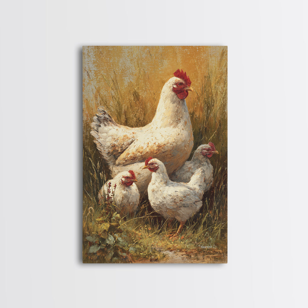 Chicken Family in a Garden Patch Canvas Print, Farmhouse Art, Farmhouse Decor, Oil Painting, Harvest, Sage Green Wall Art, FAR-2x3-71