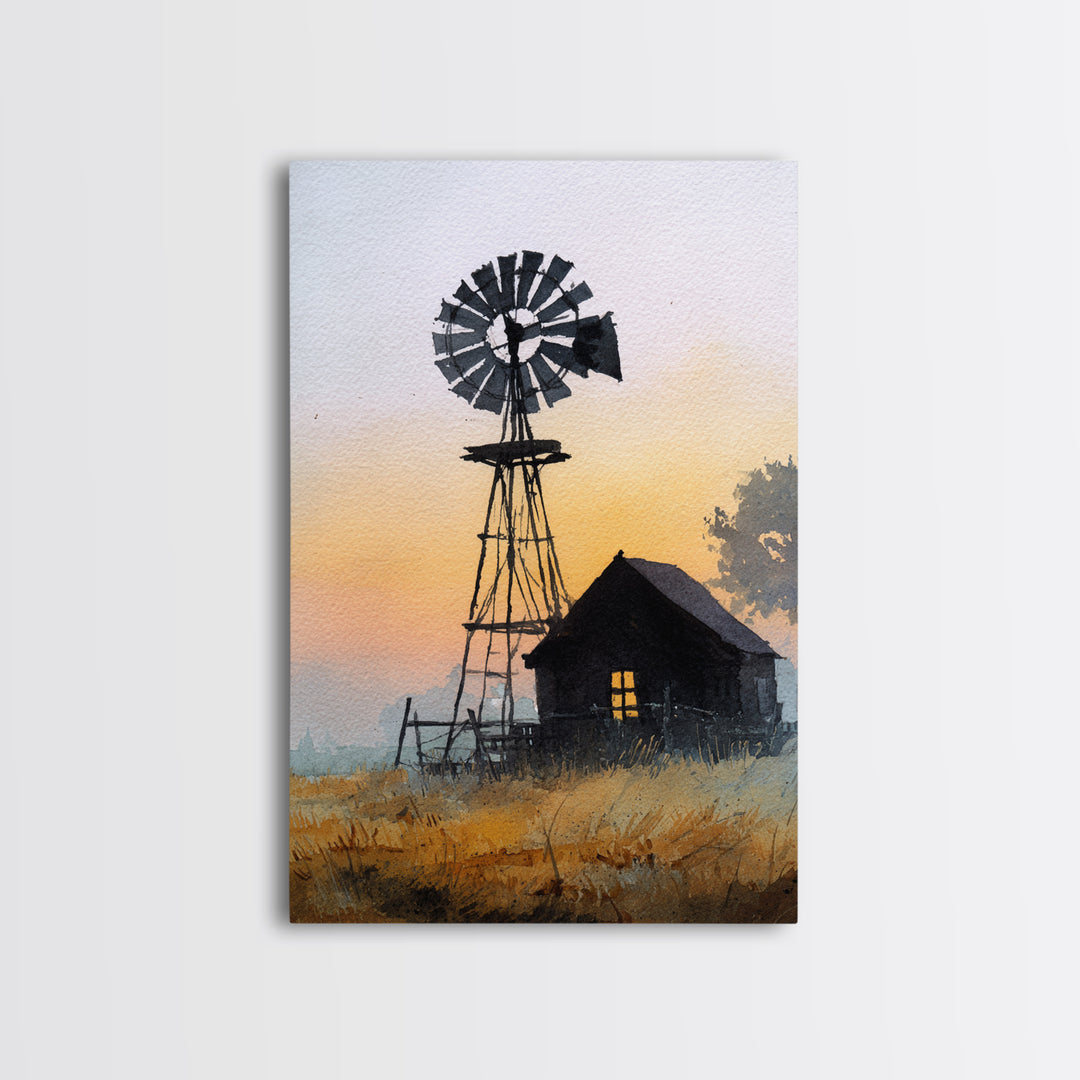 Windmill Silhouette at Sunset Framed Canvas Print, Farmhouse Art, Printable Art, Farmhouse Decor, Harvest, Landscape Painting, FAR-2x3-73