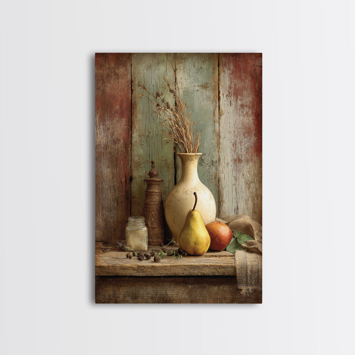 Rustic Pear Still Life on Plank Wood Framed Canvas Print, Farmhouse Art, Digital Art, Farmhouse Decor, Fine Art, Harvest, FAR-2x3-75
