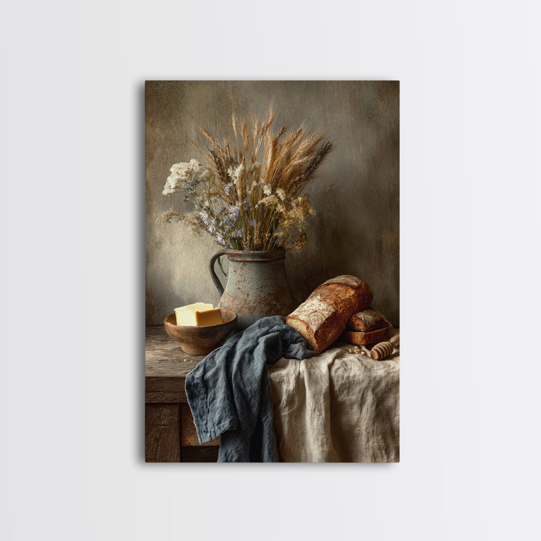 Fresh Bread Honey and Butter Still Life Framed Canvas Print, Farmhouse Art, Black Wall Art, Farmhouse Decor, Oil Painting, FAR-2x3-8