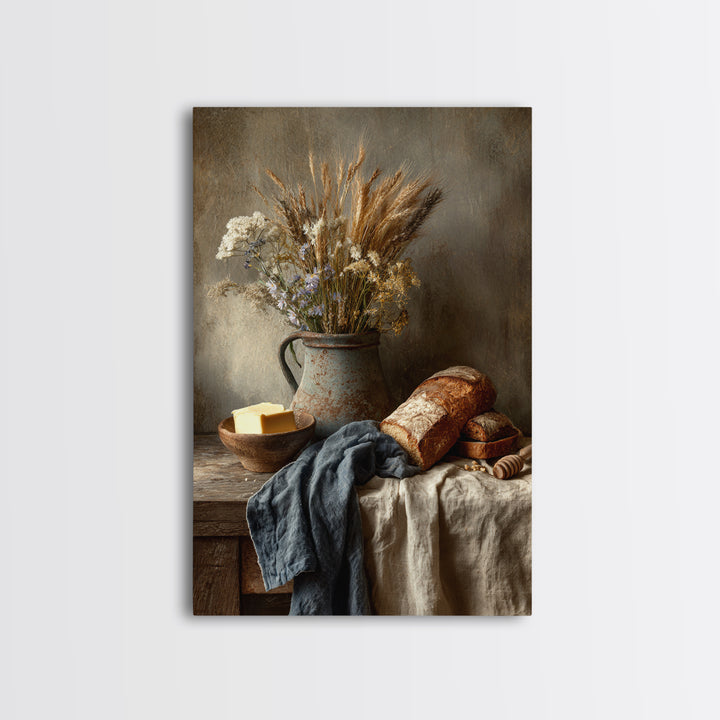 Fresh Bread Honey and Butter Still Life Framed Canvas Print, Farmhouse Art, Black Wall Art, Farmhouse Decor, Oil Painting, FAR-2x3-8