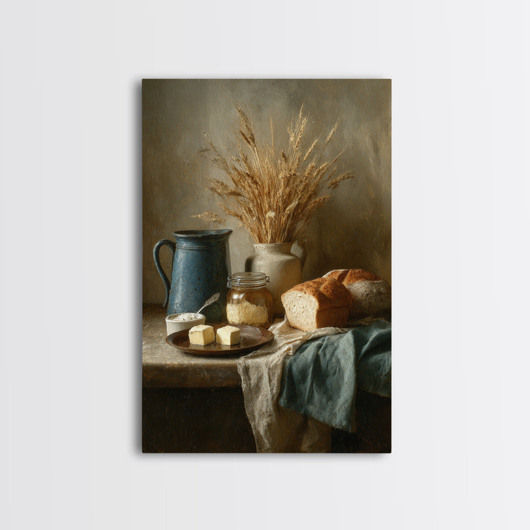 Fresh Bread Honey and Butter Still Life Framed Canvas Print, Farmhouse Art, Farmhouse Decor, Watercolor Art, Harvest, FAR-2x3-80
