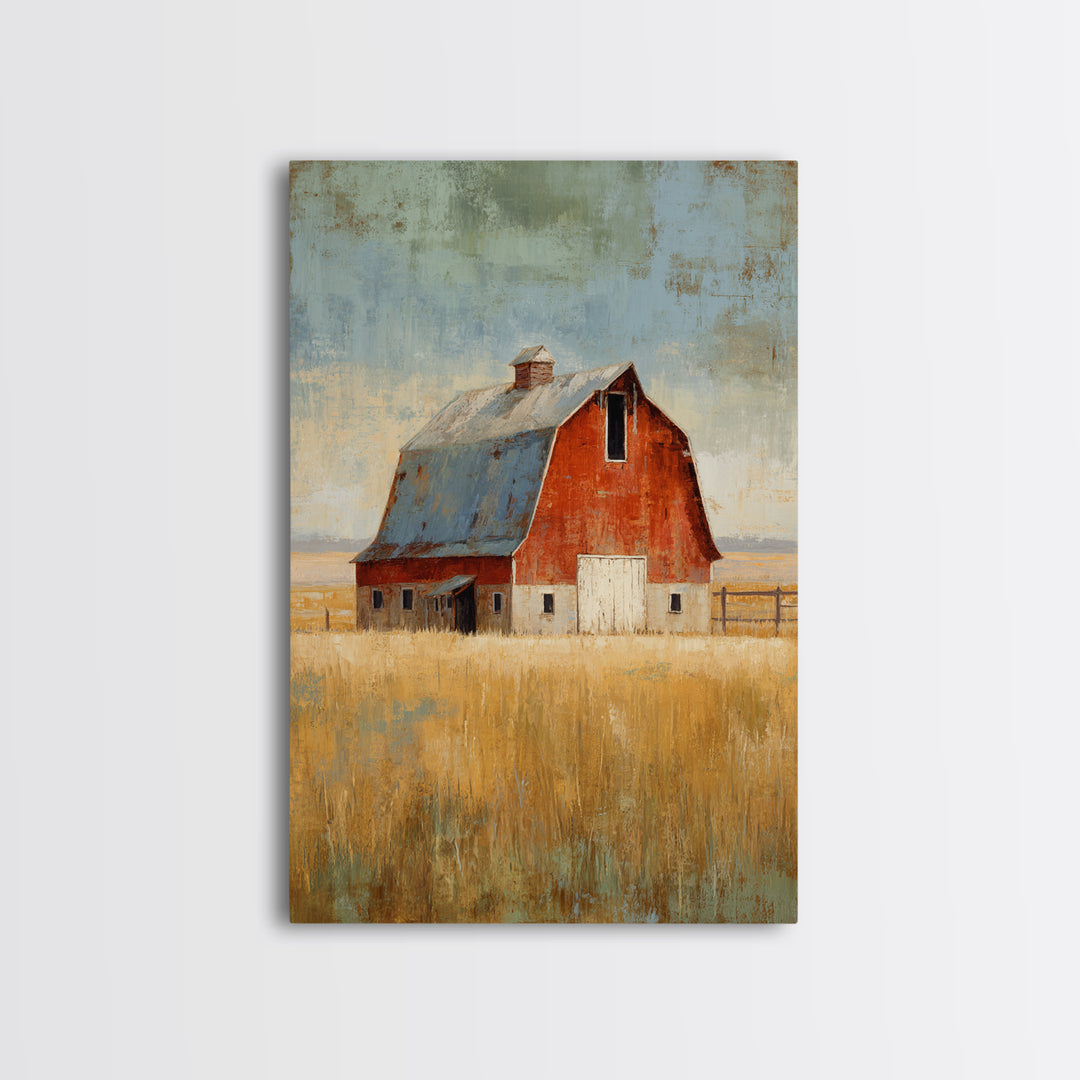 Rustic Barn in Golden Field Light Canvas Print, Farmhouse Art, Digital Prints, Farmhouse Decor, Harvest, Watercolor Painting, FAR-2x3-82