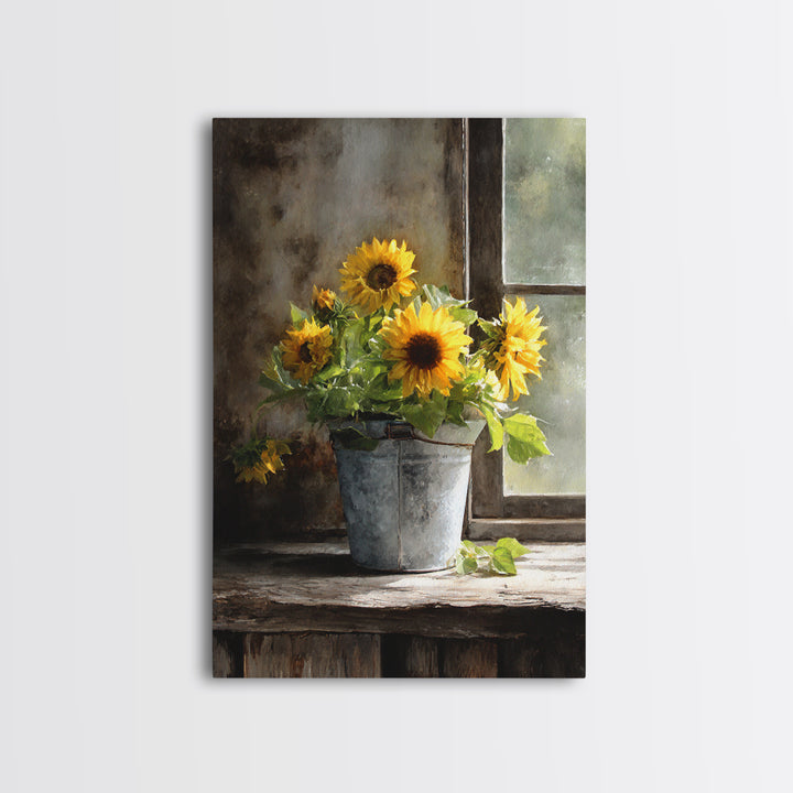 Sunflowers in a Galvanized Metal Bucket Framed Canvas Print, Farmhouse Art, Living Room Decor, Farmhouse Decor, Harvest, FAR-2x3-83