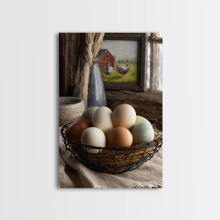 Fresh Eggs in a Wire Basket Canvas Print, Farmhouse Art, Farmhouse Decor, Abstract Art, Harvest, Sage Green Wall Art, FAR-2x3-86