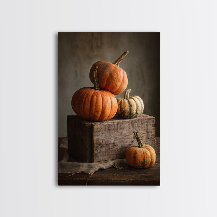 Pumpkins Stacked on a Wooden Crate Framed Canvas Print, Farmhouse Art, Digital Print, Farmhouse Decor, Fine Art, Harvest, FAR-2x3-93