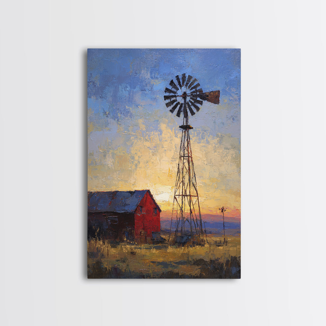 Windmill Silhouette at Sunset Framed Canvas Print, Farmhouse Art, Printable Art, Farmhouse Decor, Harvest, Landscape Painting, FAR-2x3-97