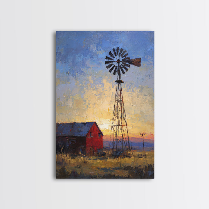 Windmill Silhouette at Sunset Framed Canvas Print, Farmhouse Art, Printable Art, Farmhouse Decor, Harvest, Landscape Painting, FAR-2x3-97