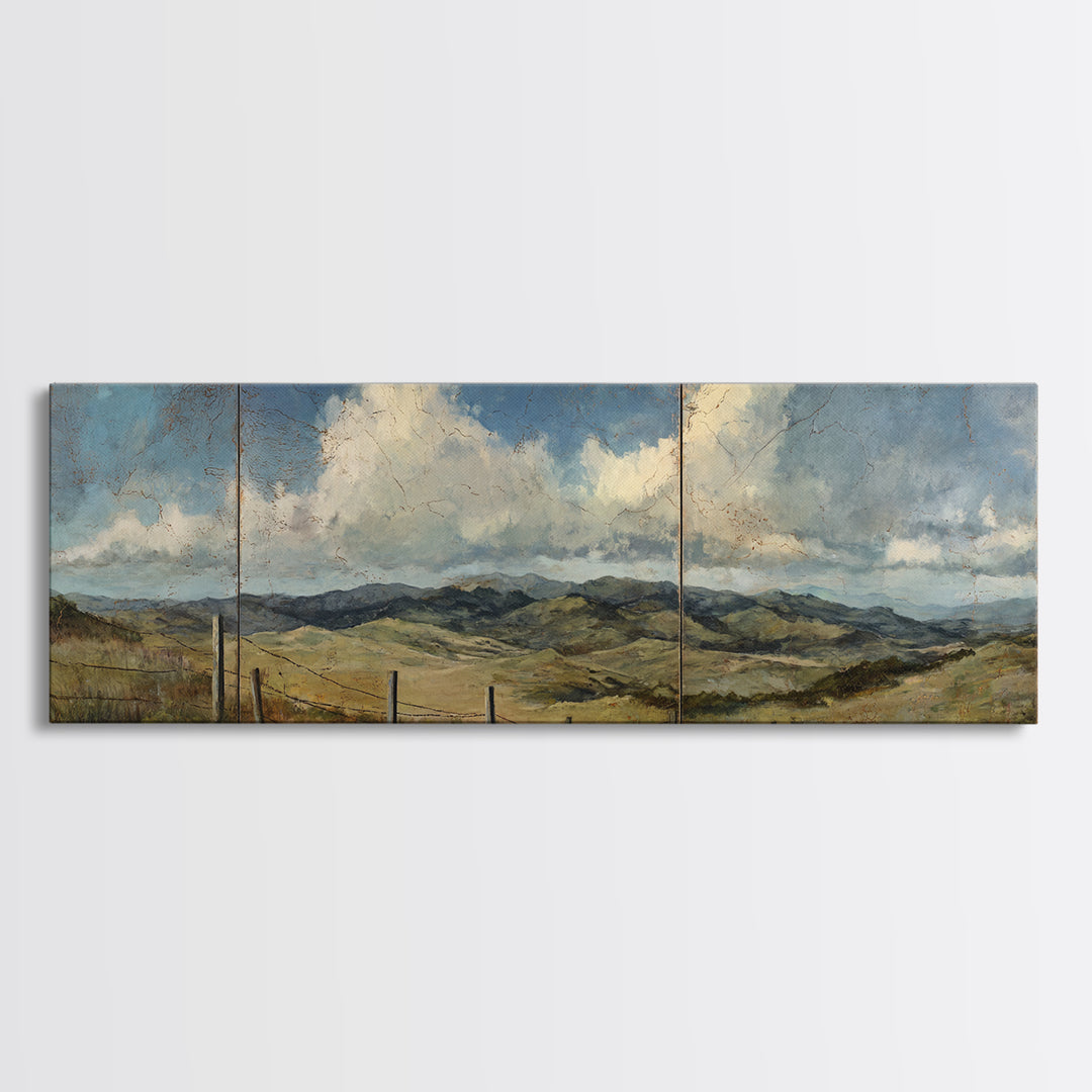 Country Landscape with Fence and Rolling Hills Canvas Print, Farmhouse Art, Wall Art, Farmhouse Decor, Fine Art, Harvest, FAR-3x1-30
