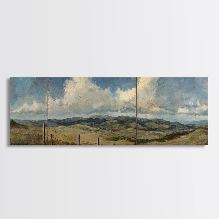 Country Landscape with Fence and Rolling Hills Canvas Print, Farmhouse Art, Wall Art, Farmhouse Decor, Fine Art, Harvest, FAR-3x1-30